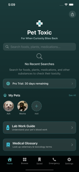 Pet Toxic app home screen