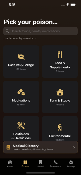 Pet Toxic Equine browse screen