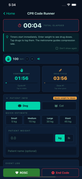 Vetrics CPR Code Runner screen